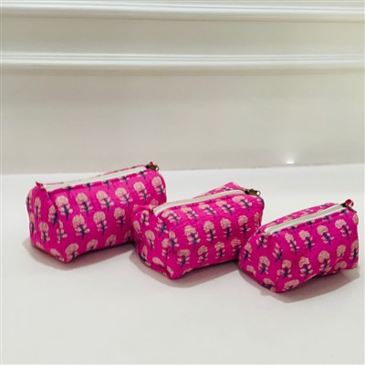 Fuchsia Floral Charm Quilted Toiletries Pouch Set