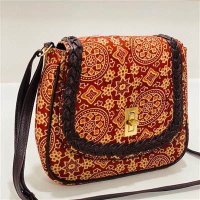 Burnt Orange Geometric Handblock Quilted Sling Bag