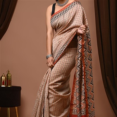 Ethereal Sand & Crimson Geometric Chanderi Silk Saree