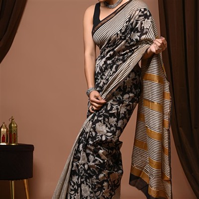 Midnight Blossom Bagru Hand Block Print Chanderi Silk Saree