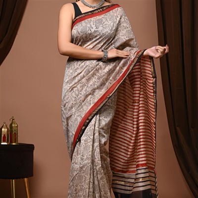 Elegant Crimson Floral Chanderi Silk Saree