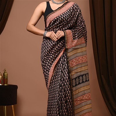 Navy Floral Charm Bagru Hand Block Print Chanderi Silk Saree