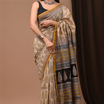 Beige Floral Motif Chanderi Silk Saree