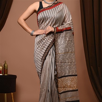 Ivory & Crimson Floral Chanderi Silk Saree