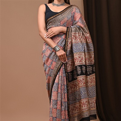 Terracotta Floral Motif Hand Block Print Chanderi Silk Saree