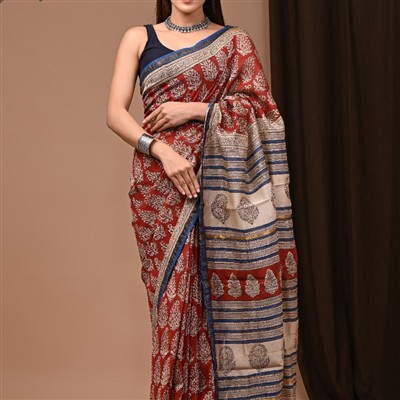 Crimson Paisley Block Print Chanderi Silk Saree