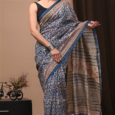 Navy Floral Elegance Chanderi Silk Saree