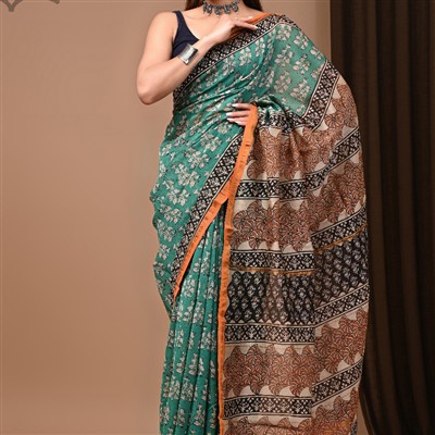 Teal Floral & Geometric Chanderi Silk Saree