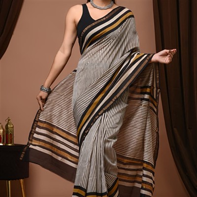 Ivory Geometric Block Print Chanderi Silk Saree