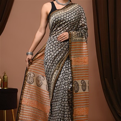Midnight Black Geometric & Floral Chanderi Silk Saree