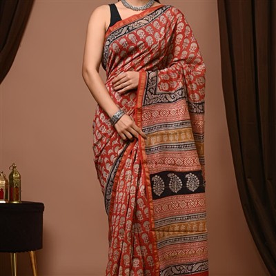 Burnt Orange Floral & Geometric Chanderi Silk Saree