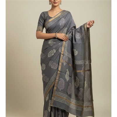 Slate Gray Floral & Geometric Maheshwari Silk Saree