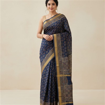 Navy Floral & Geometric Maheshwari Silk Saree