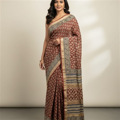 Dusky Rose Bagru Hand Block Print Maheshwari Silk Saree