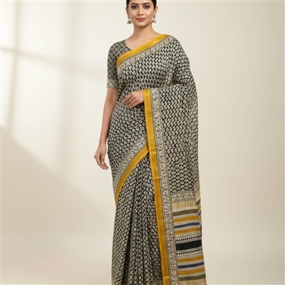 Mustard Floral & Geometric Maheshwari Silk Saree