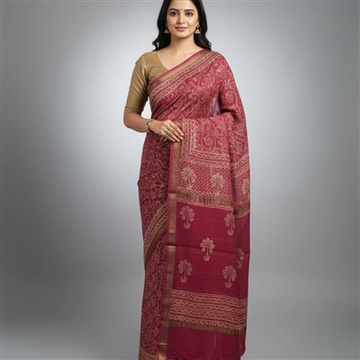 Crimson Floral & Geometric Maheshwari Silk Saree
