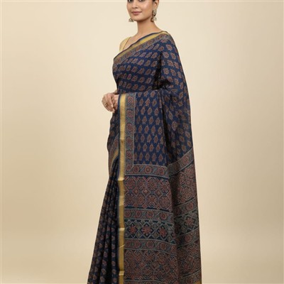 Midnight Blooms Bagru Hand Block Print Saree