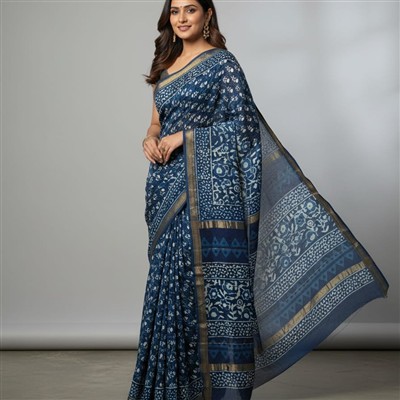 Navy Geometric & Floral Bagru Print Silk Saree