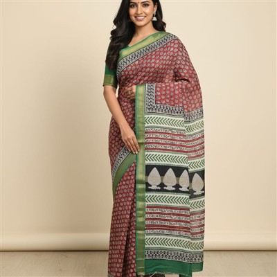 Burgundy & Ivory Floral Bagru Print Maheshwari Silk Saree