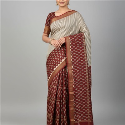 Burgundy Floral Paisley Maheshwari Silk Saree