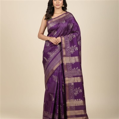 Royal Purple & Golden Geometric Floral Maheshwari Silk Saree
