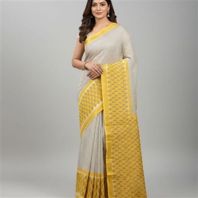 Charcoal Striped Floral Maheshwari Silk Saree