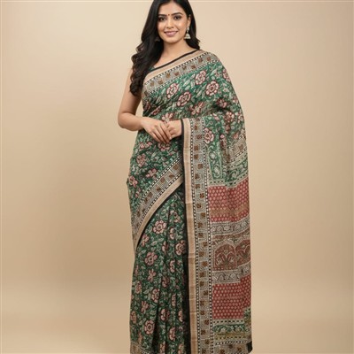 Forest Green Floral Hand Block Print Saree