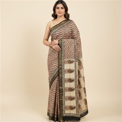 Terracotta Zigzag Bagru Hand Block Print Saree