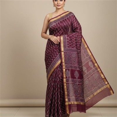 Burgundy Geometric & Floral Maheshwari Silk Saree