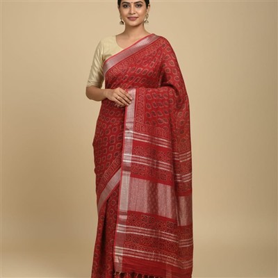 Crimson Blossoms Bagru Hand Block Print Saree