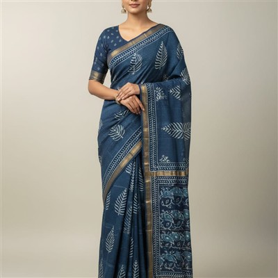 Navy Floral Whispers Maheshwari Silk Saree