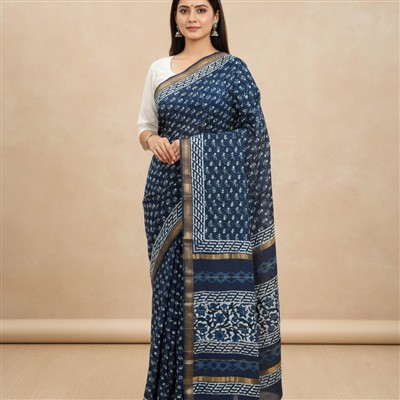 Cerulean Blooms Bagru Hand Block Print Saree