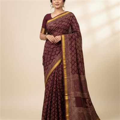 Maroon Floral Medley Bagru Hand Block Print Saree