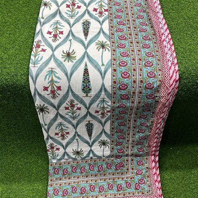 Ivory Teal Floral Geometric Cotton Dohar