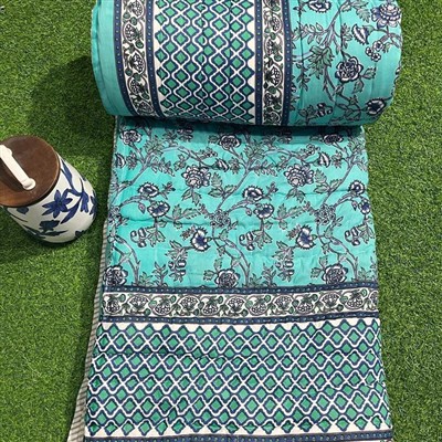 Turquoise Floral Geometric Cotton Quilt