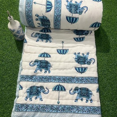 Cerulean Elephant & Umbrella Cotton Quilt