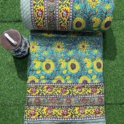 Turquoise Sunflower Symphony Cotton Quilt