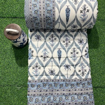 Navy Diamond & Floral Cotton Quilt