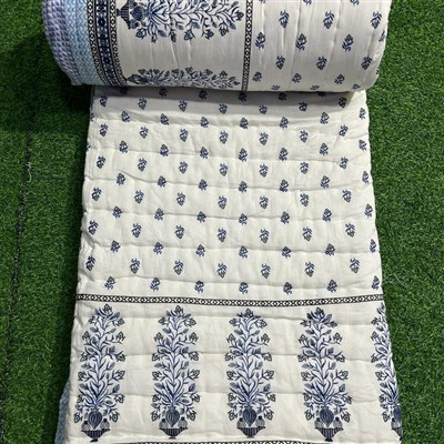 Sapphire Blossom Block Print Cotton Quilt