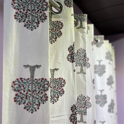 Cream Crimson Tree Motif Cotton Curtains