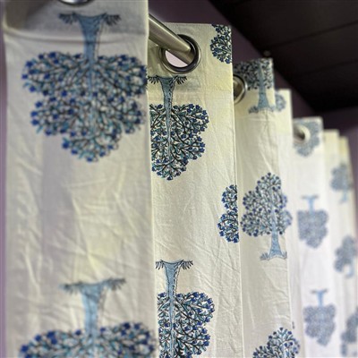 Sky Blue Heart Tree Motif Cotton Curtains