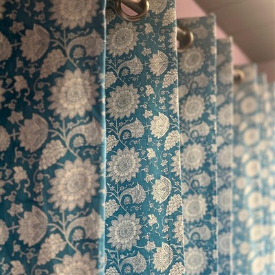 Teal Floral Elegance Cotton Curtains