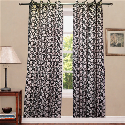 Midnight Black Floral Elegance Cotton Curtains