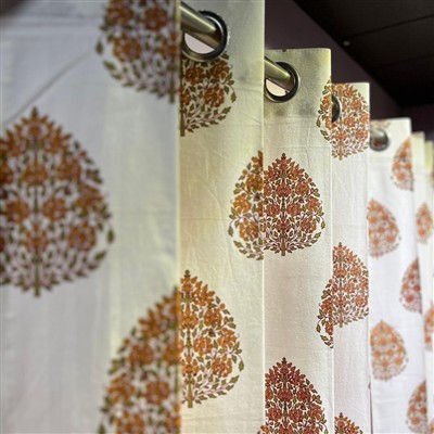 Burnt Orange Floral Delight Cotton Curtains