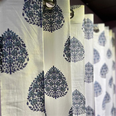 Navy Blue Tree Harmony Cotton Curtains