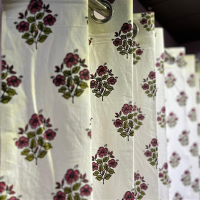 Creamy White Blossom Block Print Cotton Curtains