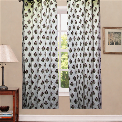 Creamy White Blossom Block Print Cotton Curtains