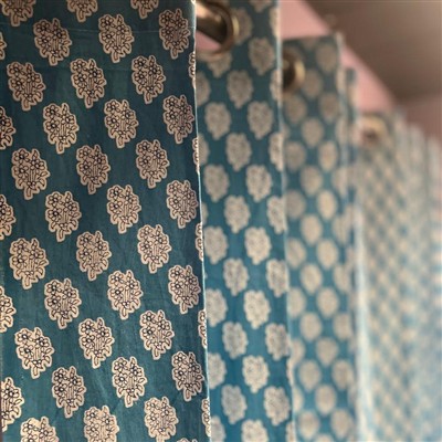 Turquoise Blossom Block Print Cotton Curtains