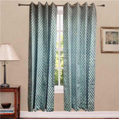 Turquoise Blossom Block Print Cotton Curtains