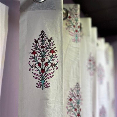 Crimson Bloom Block Print Cotton Curtains
